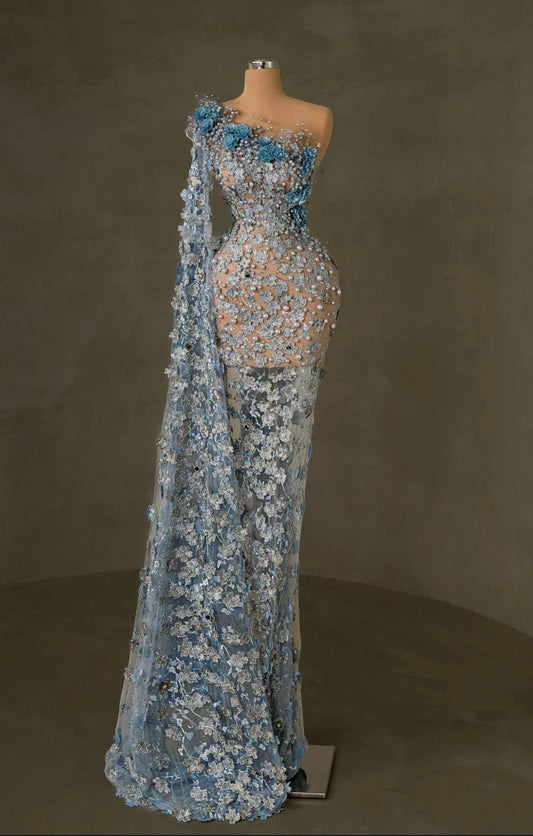 Sexy Shimmer Gown One Shoulder Sleeveless Blue Flowers Prom Dresses Mermaid Bodycon For Women N4066