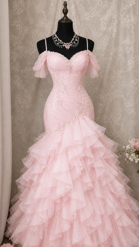 Modest Mermaid Pink Long Prom Dress with ruffles Skirt Formal Dress Long Party Dresses RB6448
