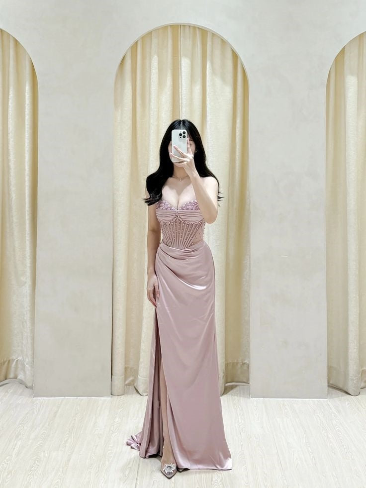 Sexy Meerjungfrauen-Abendkleid mit herzförmigem Ausschnitt, rosa, mit Schlitz, Partykleid AB2102