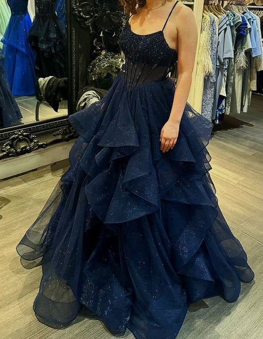 Elegantes Ballkleid mit Spaghettiträgern, marineblau, Applikationen, Tüll, langes Abendkleid für Teenager, formelles Kleid, Partyoutfit, Ballkleid AB1077