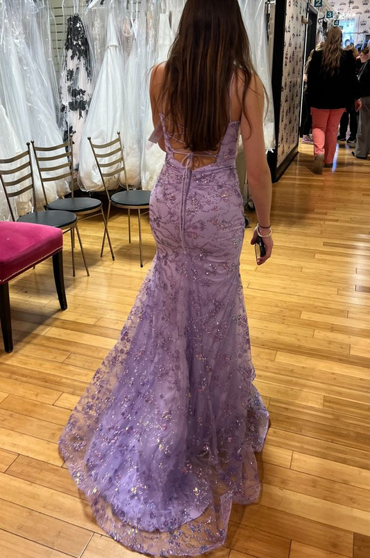 Glitzerndes Meerjungfrauen-Abendkleid mit Spaghettiträgern, lila, rückenfrei, langes Ballkleid, formelles Partykleid, Abendkleid AB1240