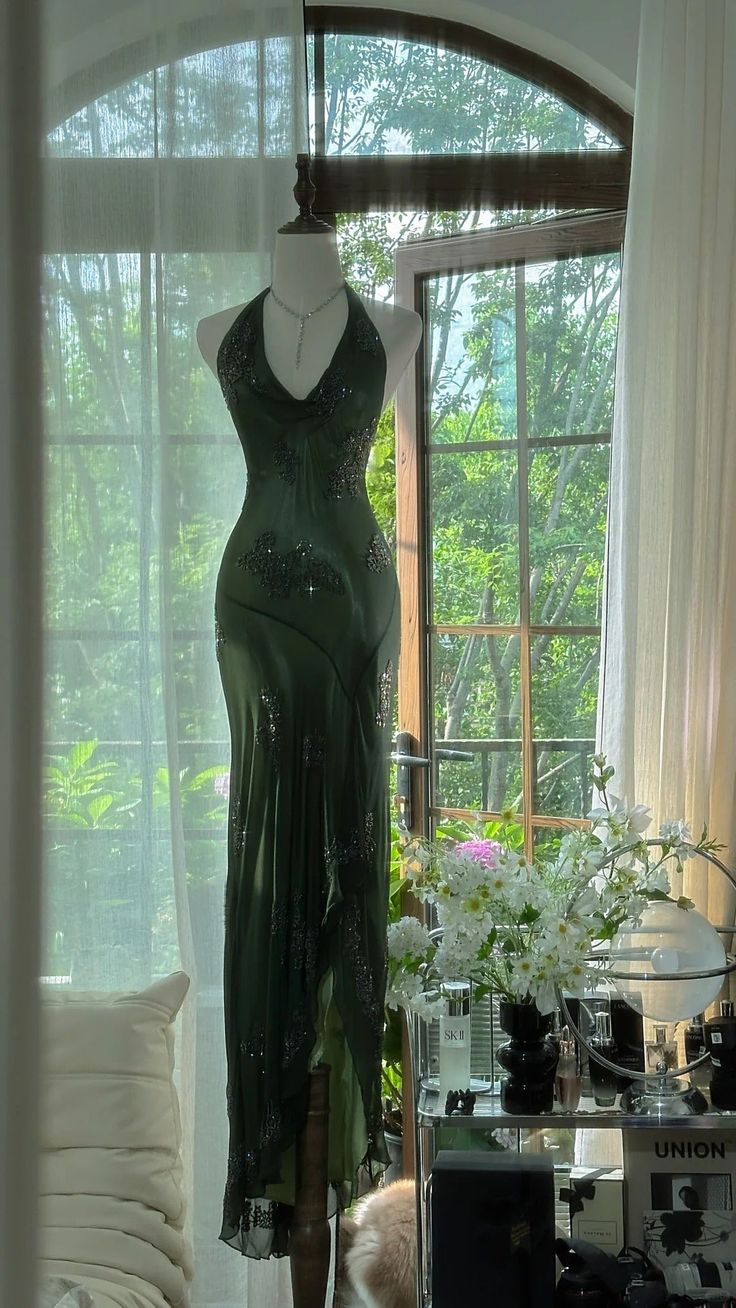 Grünes, ärmelloses Chiffon-Abendkleid mit Perlenbesatz, langes Ballkleid, elegantes grünes Abendkleid, Tanzoutfit N530