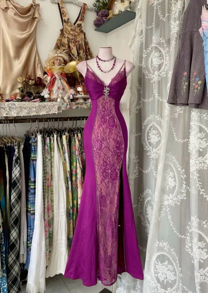 Vintage langes, burgunderrotes Spitzen-Abendkleid mit V-Ausschnitt, Meerjungfrauen-Stil, Partykleid, Tanzoutfit N535