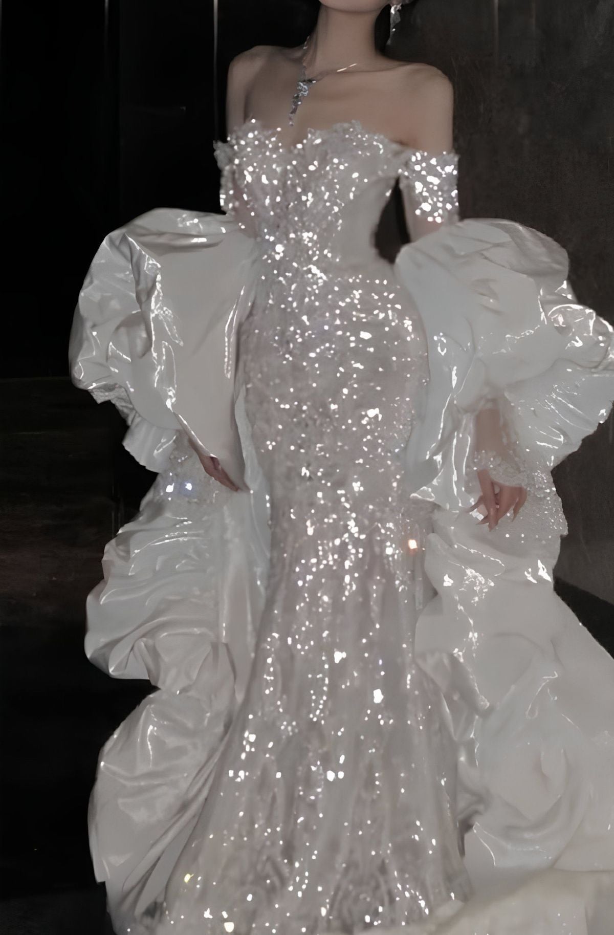 Robe de mariée sirène charmante pour femme, épaules dénudées, sequins et dentelle, manches longues AB1464