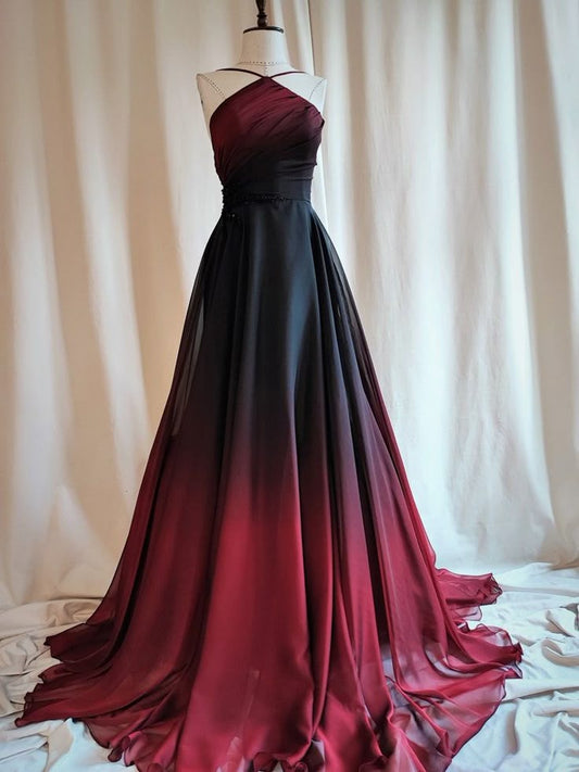 Hand Painted Ombre Dress. Colorful Prom Dress Long Halter Chiffon Formal Dresses for Women AB1616