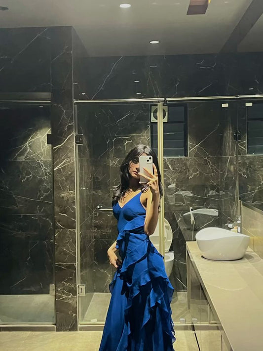 Modest A Line Spaghetti Straps Blue Ruffled Prom Dresses Long Bridesmaid Dress AB1617