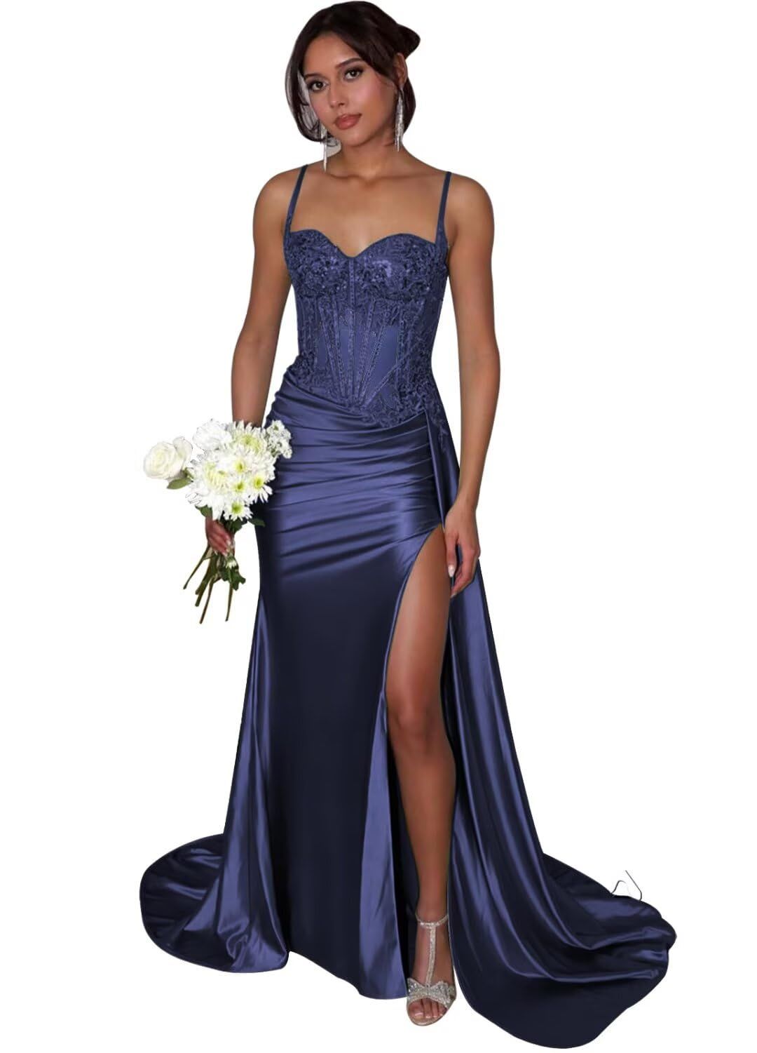Meerjungfrauen-Abendkleid mit Spaghettiträgern und Schlitz für Damen AB1621