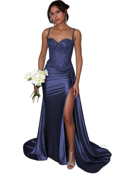 Meerjungfrauen-Abendkleid mit Spaghettiträgern und Schlitz für Damen AB1621