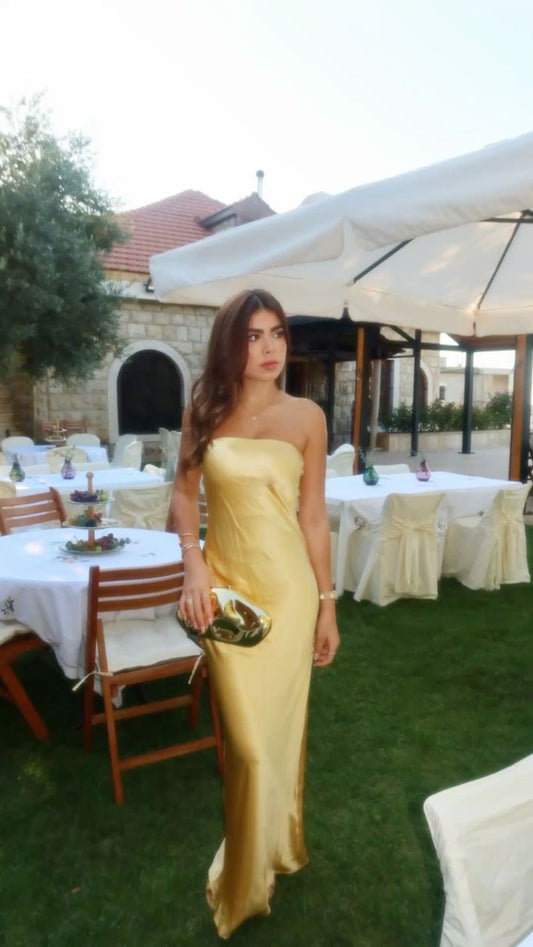 Simple Sheath Strapless Yellow Satin Long Prom Dresses Impress 18th Birthday Outfits Party Gown N282