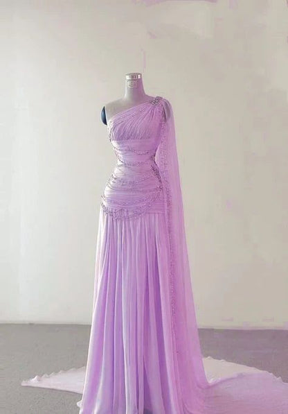 Robe de soirée longue asymétrique en mousseline rose pour bal de promo N2392