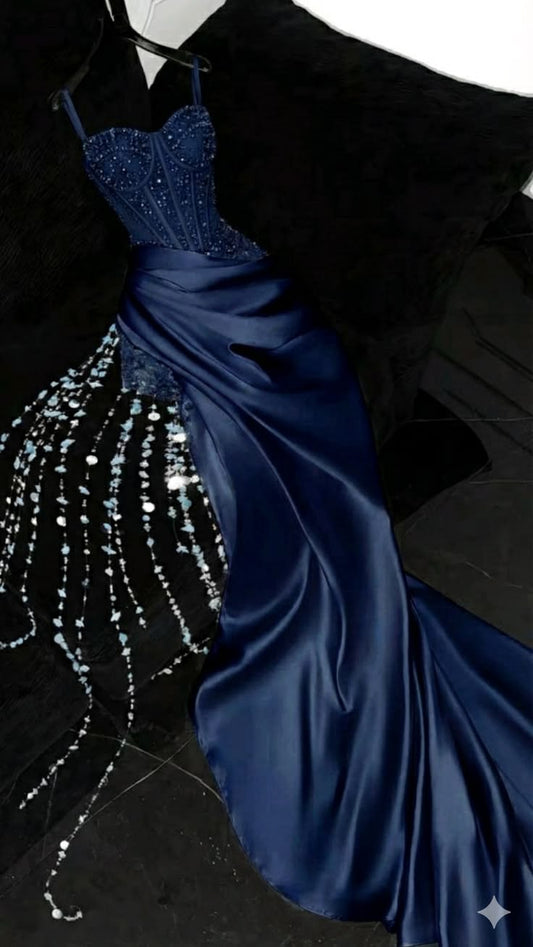 Sparkly Mermaid Sweetheart Navy Blue Satin With Beading Evening Dresses Night Date Prom Dress For Black Women AB2547