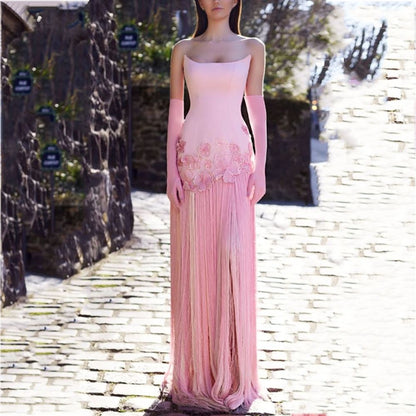 Robe de bal sirène rose bustier à franges et gants pour adolescentes, tenue de soirée élégante, robe de bal RB2110