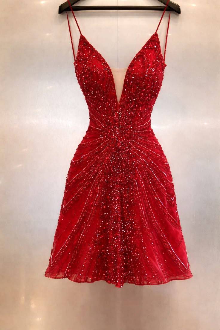 Cute A line Spaghetti Straps With Beads Red Inspo Hoco Dress Homecoming Dresses RB4195
