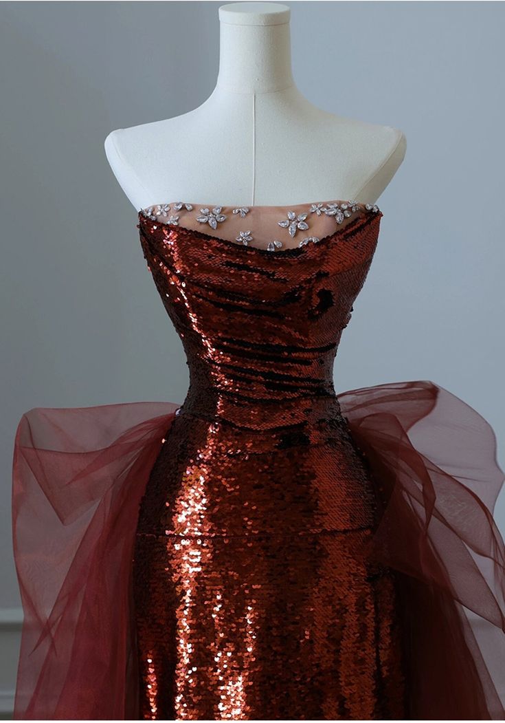 Robe de bal sirène bordeaux à sequins et tulle bustier - Inspiration robes de bal AB127
