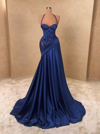 Robe de soirée sirène sexy en satin bleu roi à dos nu pour femmes AB2549
