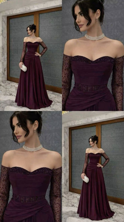 Sexy A-Linien-Abendkleid mit schulterfreiem Rock, weinroten Ärmeln und Perlenbesatz, langes formelles Abendkleid, Brautkleid N365