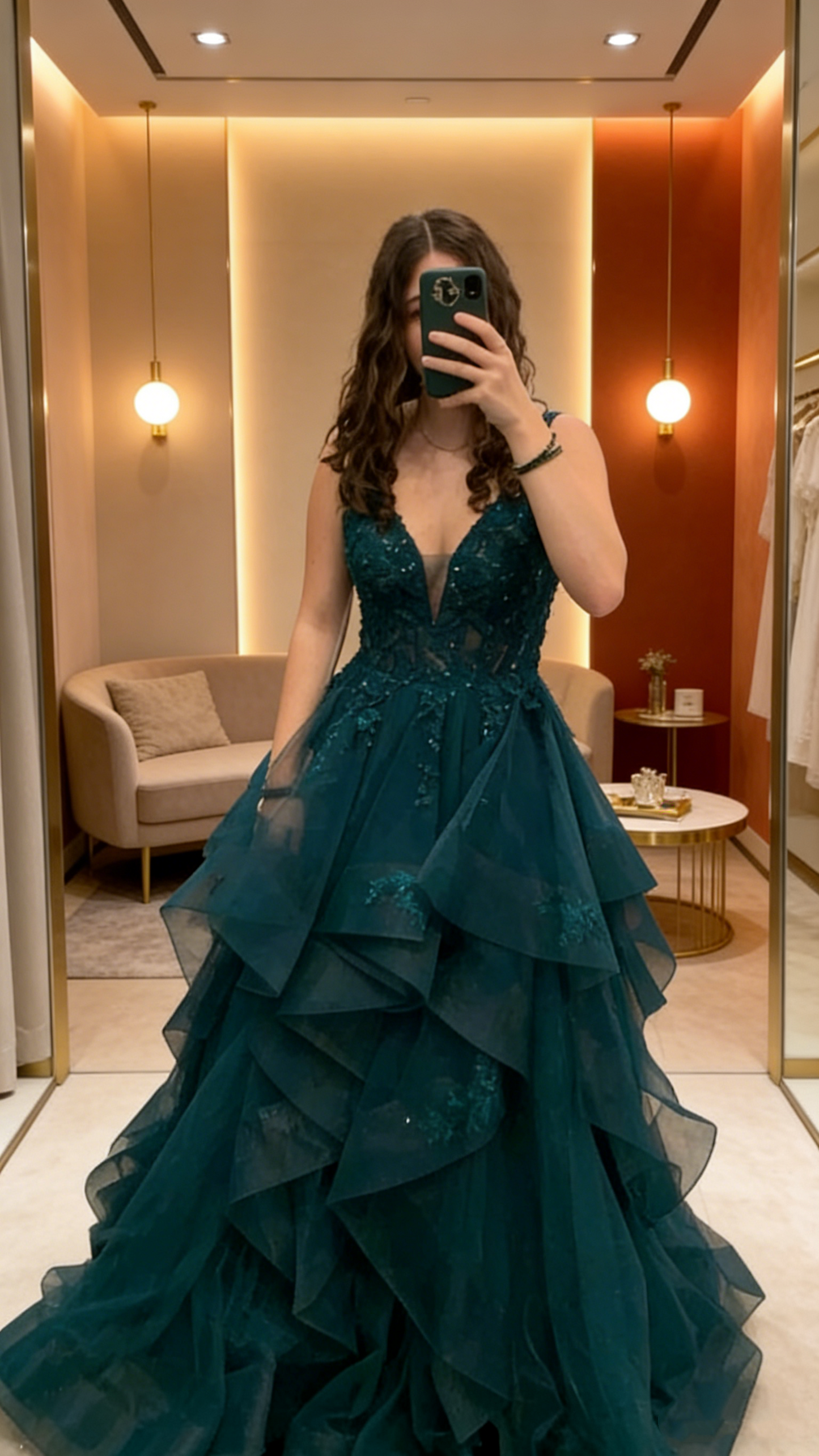 Robe de bal élégante à col en V, en tulle vert foncé avec appliques, robe de soirée longue AB2153