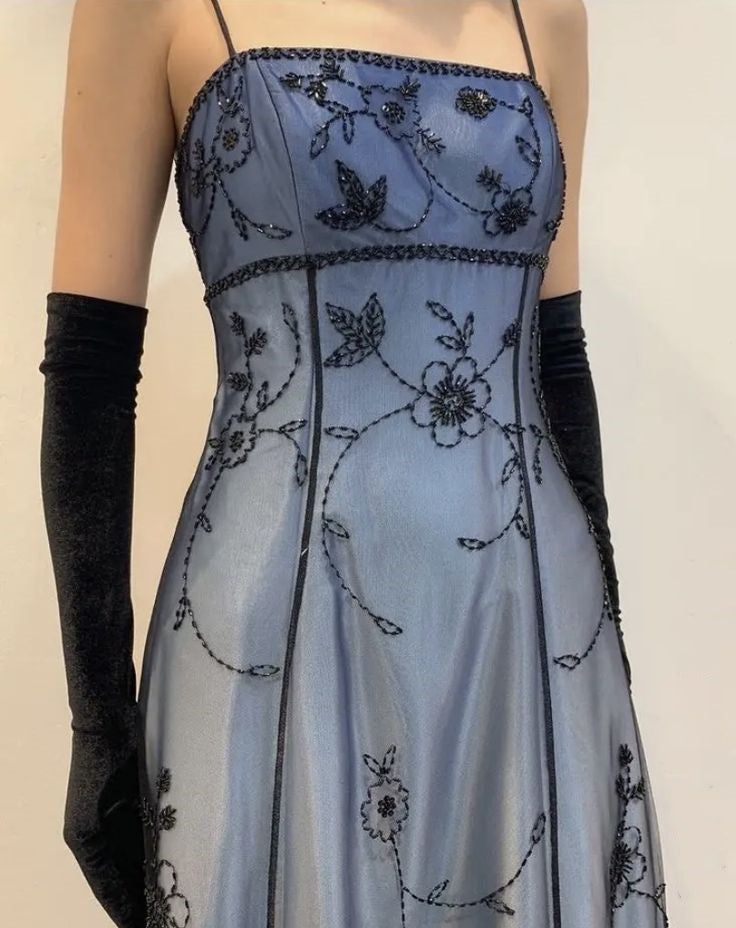 Blue/Grey Delicate Beaded Long Tulle Elegant A line Evening Dress Formal Birthday Party Dress Prom Dresses N1697