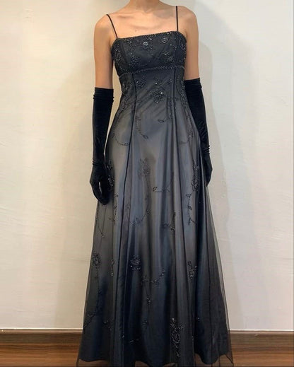 Blue/Grey Delicate Beaded Long Tulle Elegant A line Evening Dress Formal Birthday Party Dress Prom Dresses N1697