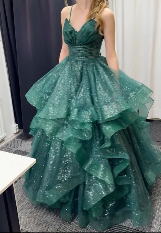 Chic Ball Gown Spaghetti Straps Green Tulle Long Prom Dress Evening Formal Gowns AB466