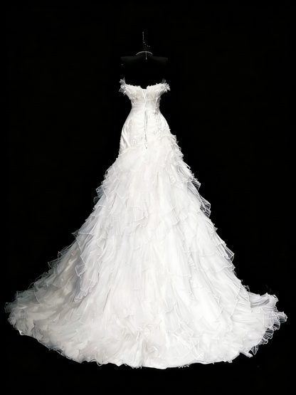 Vintage 80er Jahre Brautkleid Meerjungfrau trägerlos Tüll weiß gerafft Lagen langes Brautkleid figurbetontes Brautkleid N1208