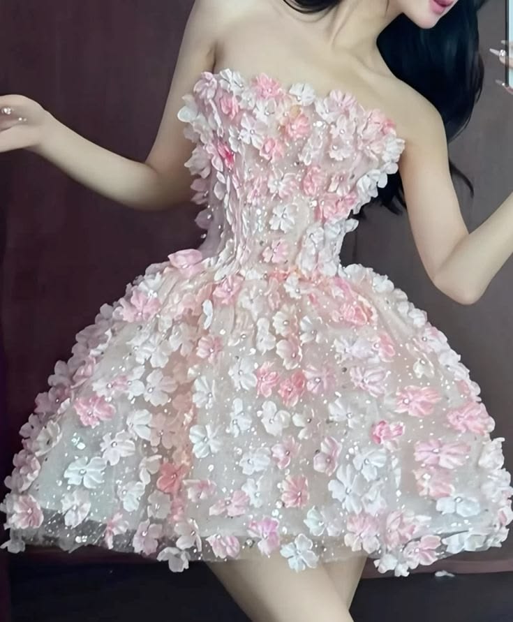 Cute Fashion Ball Gown Strapless Pink With Flowers For High Schools Girls Inspo Hoco Dress Homecoming Dresses RB4233