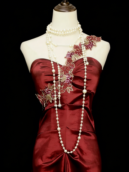 Vintage-Stil: Meerjungfrauen-Kleid mit One-Shoulder-Ausschnitt in Burgunderrot im Stil der 80er, 70er und 90er Jahre – ideal für College, Abschlussball oder andere festliche Anlässe (N1156)