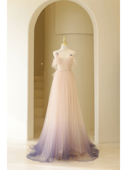 Niedliches, langes A-Linien-Abendkleid mit V-Ausschnitt in Rosa-Ombré-Trauben-Tüll – ein echter Hingucker zum 19. Geburtstag (AB870)