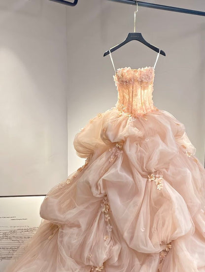Niedliches, trägerloses Ballkleid aus rosa Tüll mit Blumenmuster, langes Abendkleid für Sweet 15 und 16, AB595