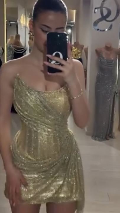 Glitzernde, trägerlose, goldfarbene Pailletten-Etui mit Rüschen, Pailletten, ärmelloses Mini-Heimkehrkleid N4748, Senior-Inspo, kurz