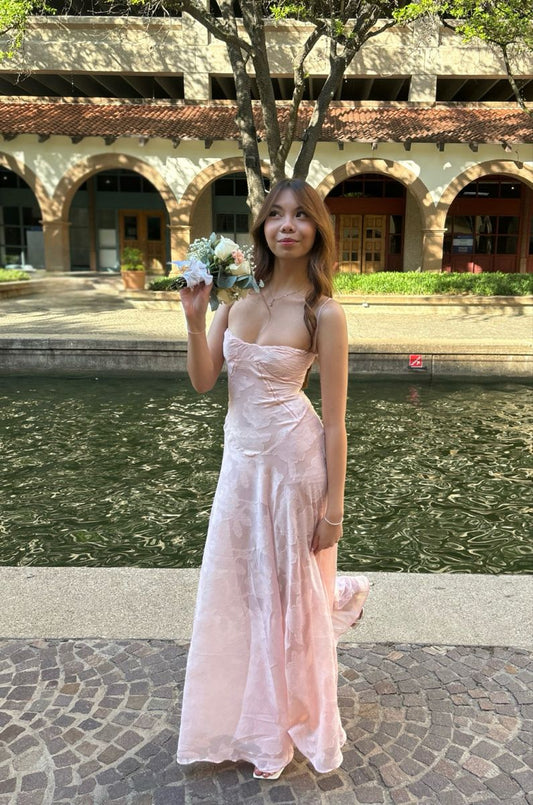 Spaghetti Straps Pink Sheer Lace Long Dress For Teens Prom Dresses AB623