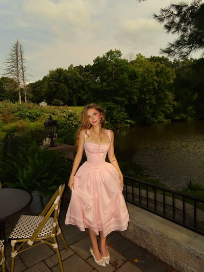 Fitted A line Square Neck Pink Satin Sleeveless Ankle Length Prom Dresses AB621
