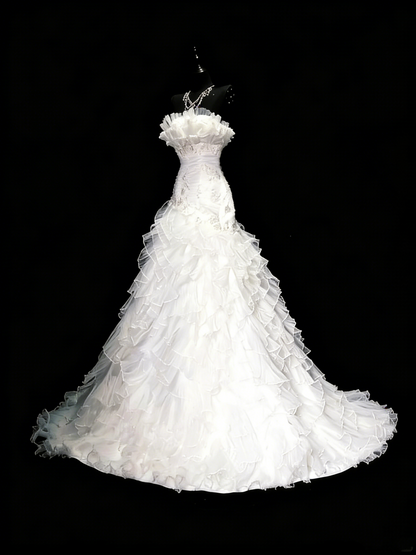 Vintage 80er Jahre Brautkleid Meerjungfrau trägerlos Tüll weiß gerafft Lagen langes Brautkleid figurbetontes Brautkleid N1208