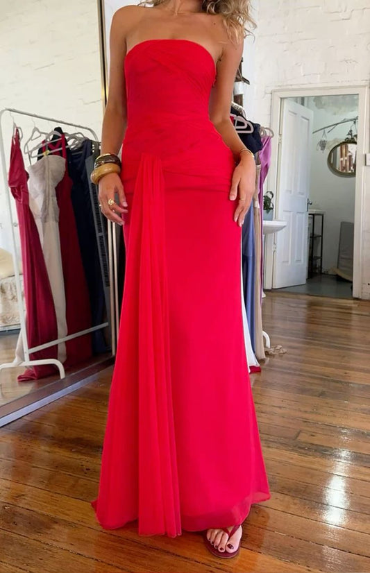 Simple Mermaid Strapless Red Chiffon Summer Spring Inspiration Long Wedding Guest Dress Birthday Outfits N1569