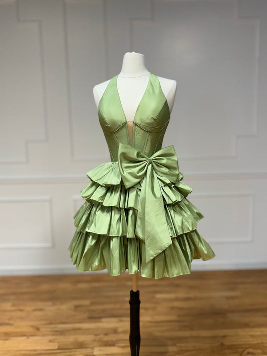 Simple Ball Gown V Neck Green With Bow Graduation Gown Mini Senior Inspo Short Homecoming Dress RB3151