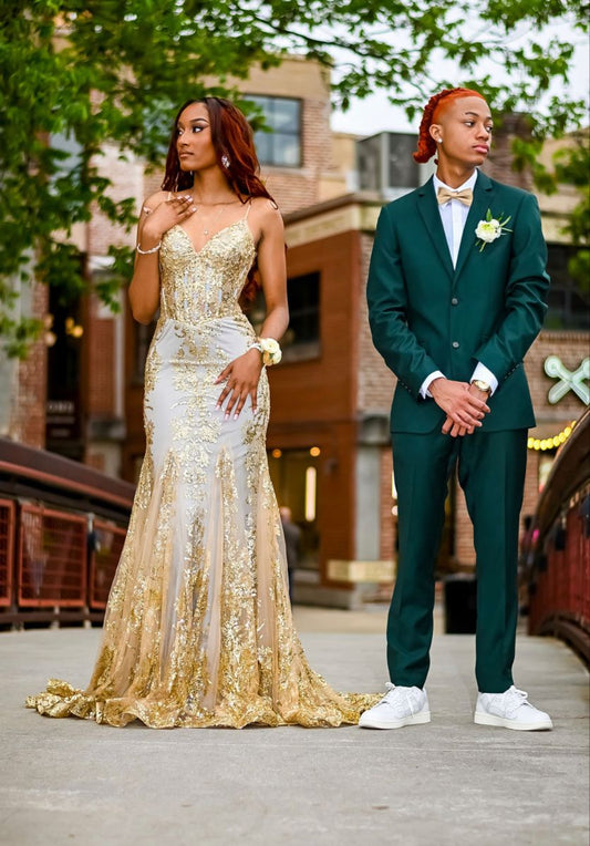 Classy Mermaid Spaghetti Straps Gold Sequin Inspo For Black Women Girls Formal Party Gowns Long Prom Dresses AB1779