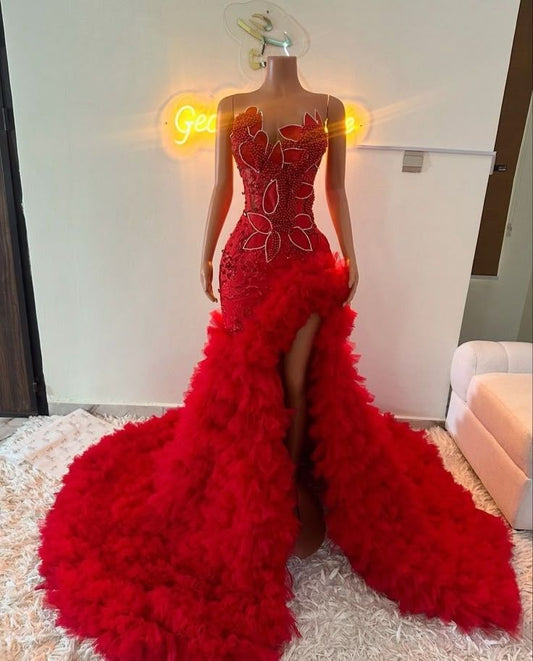 Sparkle Mermaid Sweetheart Red Sequin With Beads Long Prom Dresses Formal Gown Inspo Evening Outfits AB793