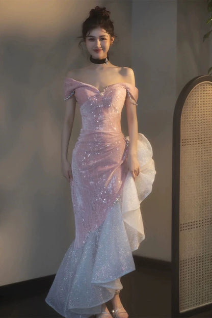 Élégante Robe de Soirée Formelle Sirène Rose Épaules Dénudées Manches Courtes Paillettes Anniversaire Bal de Promo N2816