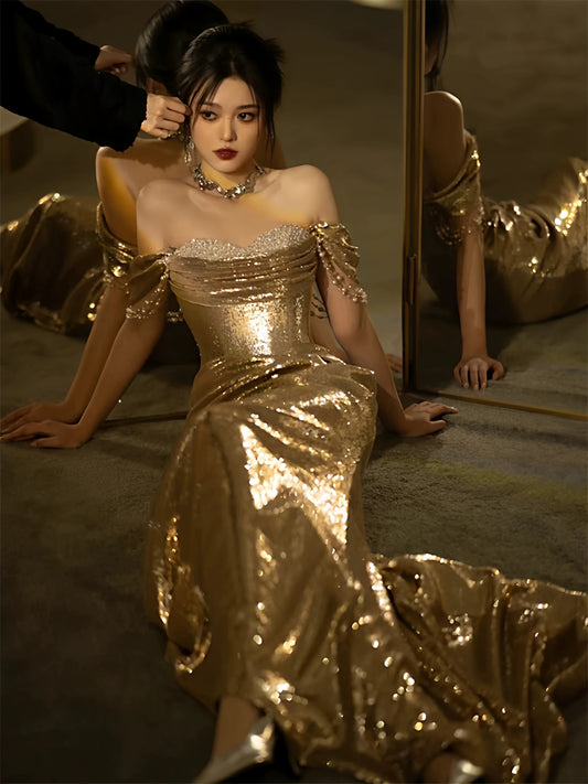 Robe de bal sirène à épaules dénudées et sequins dorés à manches courtes - Inspiration pour une longue soirée ou un anniversaire AB2211