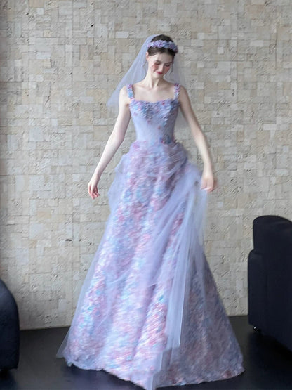 Prinzessinnen-Ballkleid mit eckigem Ausschnitt, lila Spitze und Blumenmuster, langes Abendkleid, modisch-ästhetisch für Teenager, formelle Kleider, Party-Outfits, Ballkleid AB2222