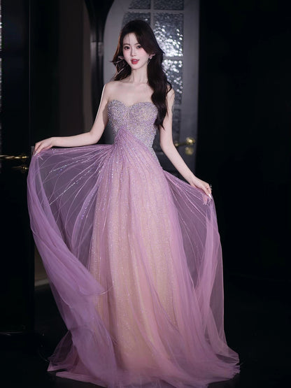 Glitzerndes, ärmelloses, lilafarbenes A-Linien-Abendkleid mit Pailletten und Herzausschnitt – Inspiration für lange Abende und Geburtstage (AB2213)