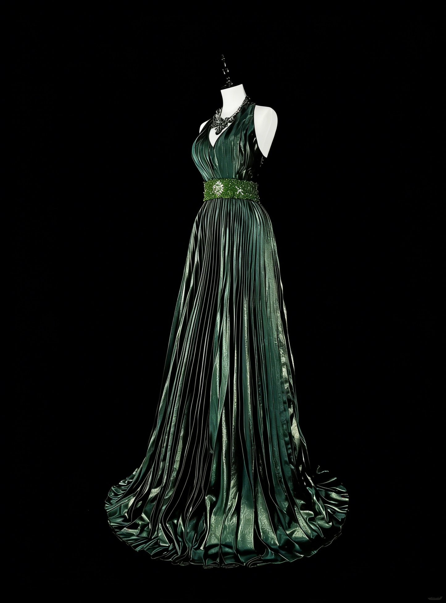 Vintage A-Linien-Halterkleid, grün, plissiert mit Perlen, ärmellos, 80er-Jahre-Stil, langes formelles Abendkleid N1465