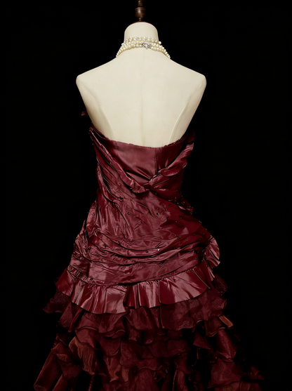 Cute Ball Gown Strapless Burgundy With Ruffles Long Party Gowns Prom Dresses N2141