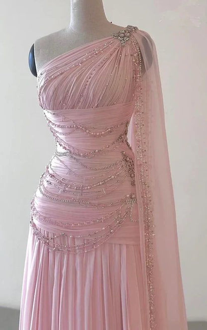 Robe de soirée longue asymétrique en mousseline rose pour bal de promo N2392