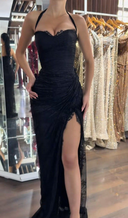 Robe de bal sirène dos nu en dentelle noire fendue, inspiration pour adolescentes, tenue de soirée, robe de bal AB056