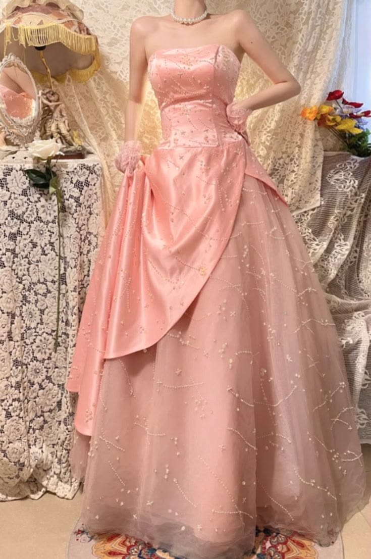 Robe de bal longue rose, sans manches, coupe trapèze, ornée de perles, N588