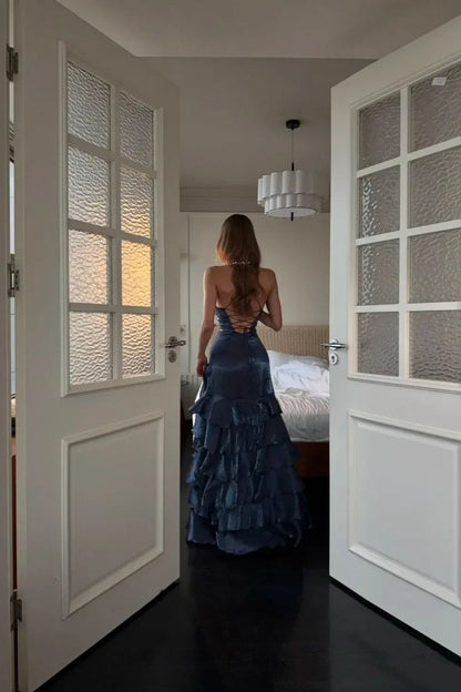 Robe de bal longue sirène fourreau à col en V, bleu marine à paillettes fines, N593