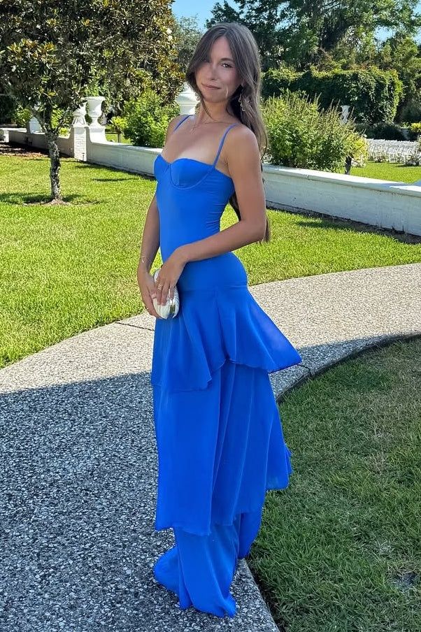 Robe de bal longue jaune sirène à fines bretelles et volants, idéale pour un anniversaire (AB2309)
