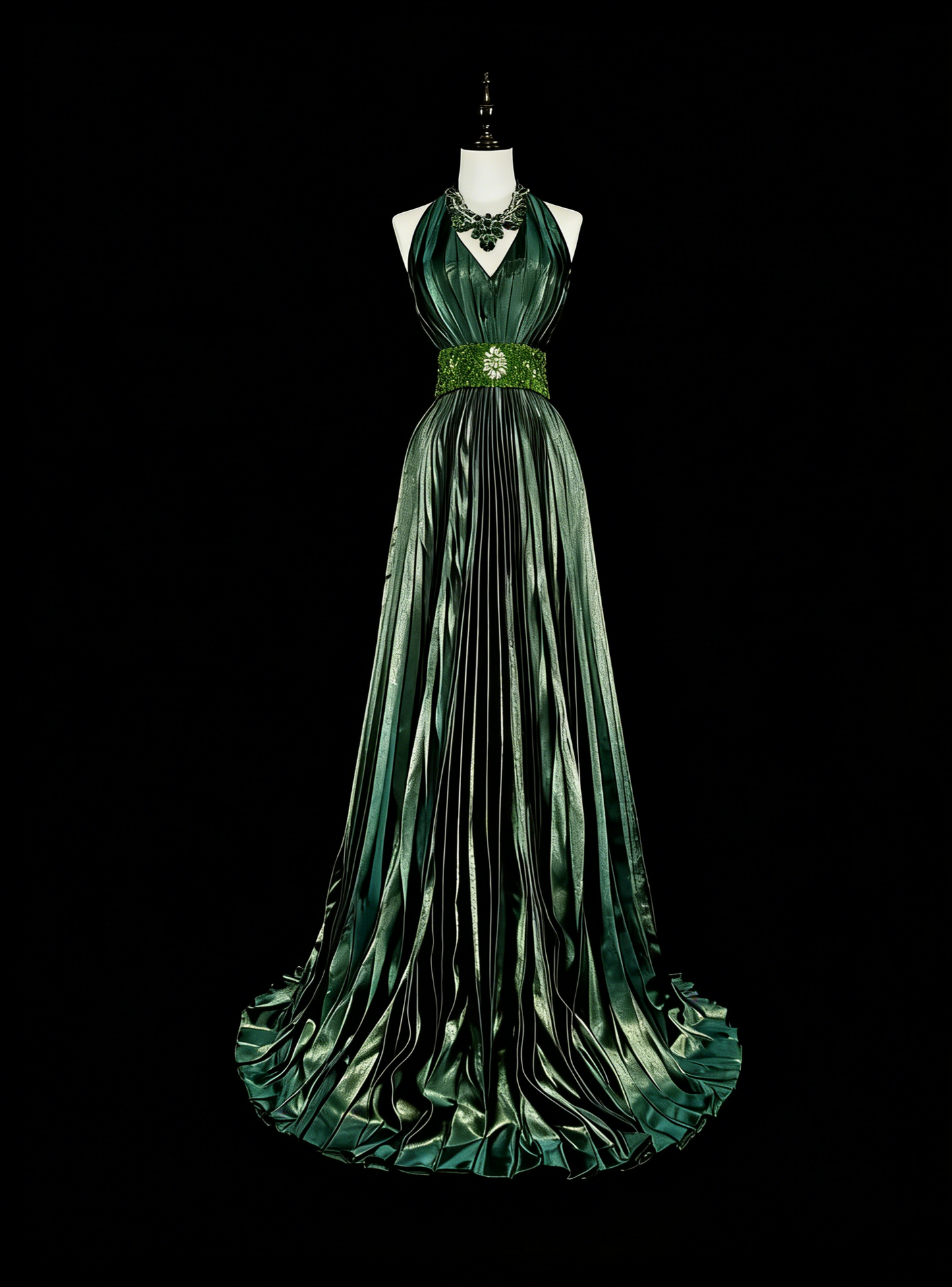 Vintage A-Linien-Halterkleid, grün, plissiert mit Perlen, ärmellos, 80er-Jahre-Stil, langes formelles Abendkleid N1465