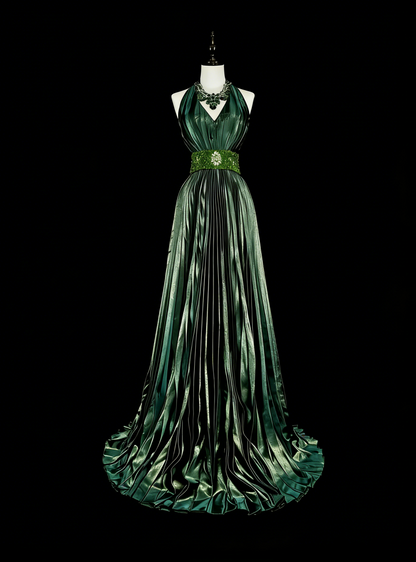 Vintage A-Linien-Halterkleid, grün, plissiert mit Perlen, ärmellos, 80er-Jahre-Stil, langes formelles Abendkleid N1465